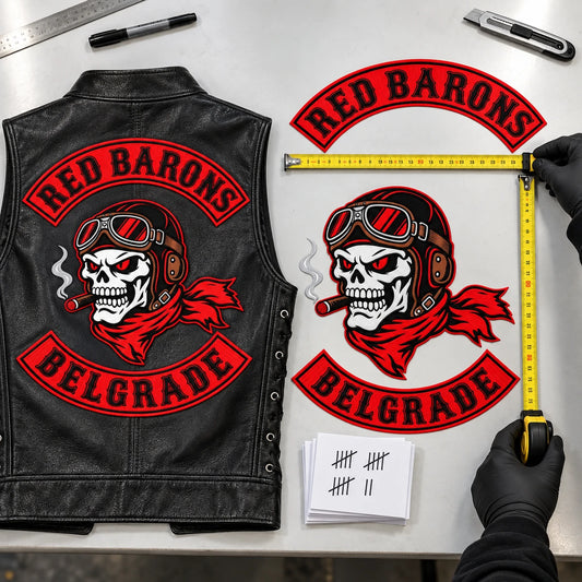 Leather motorcycle vest measured for custom center patch and rocker dimensions before ordering.