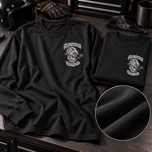 Soft cotton-blend motorcycle club long-sleeve shirt shown draped and neatly folded to demonstrate comfortable everyday fabric and easy care.