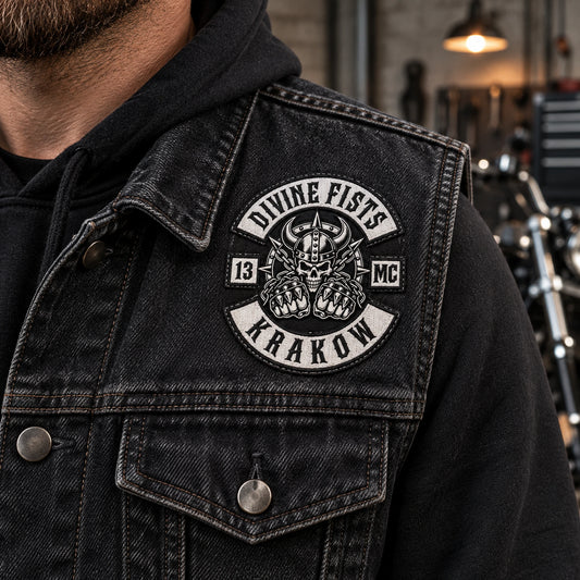 Motorcycle club compact chevron anniversary patch featuring the authorized Divine Fists Krakow identity in a front panel of black denim motorcycle vest.