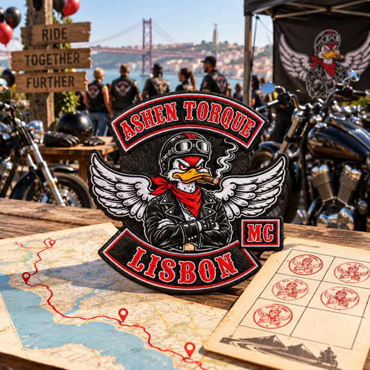 Motorcycle club dated ride and rally anniversary patch featuring the authorized Ashen Torque Lisbon identity in a anniversary ride checkpoint with route map and motorcycles.