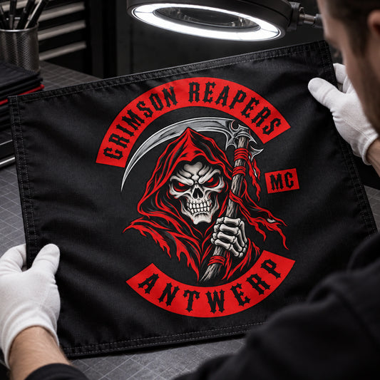 Close-up inspection of an authorized motorcycle club logo printed on exchange-flag fabric.