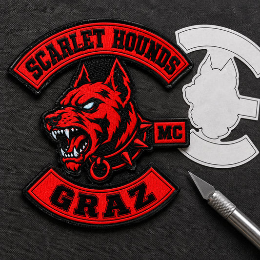 Motorcycle club hot-cut custom silhouette anniversary patch featuring the authorized Scarlet Hounds Graz identity in a charcoal canvas product studio.