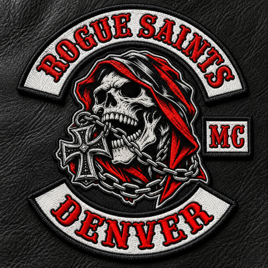 Motorcycle club raised-thread embroidered anniversary patch featuring the authorized Rogue Saints Denver identity in a macro embroidery studio on black leather.
