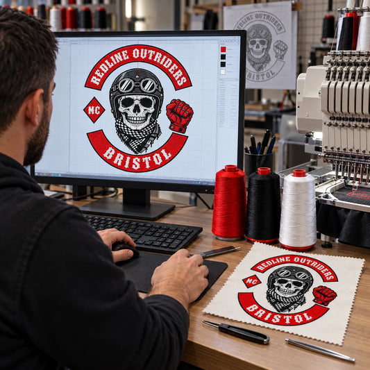 Motorcycle club logo prepared as an embroidery file with stitch paths and a test swatch.