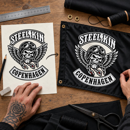 Designer turning authorized motorcycle club artwork into a custom exchange-flag concept.