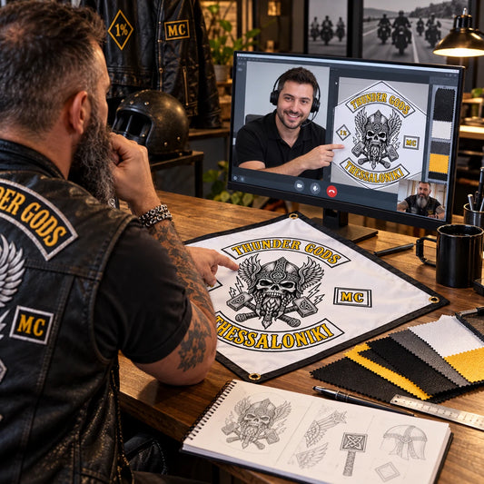 A motorcycle club chapter representative receives remote design assistance while reviewing a custom diamond flag proof and material sample.