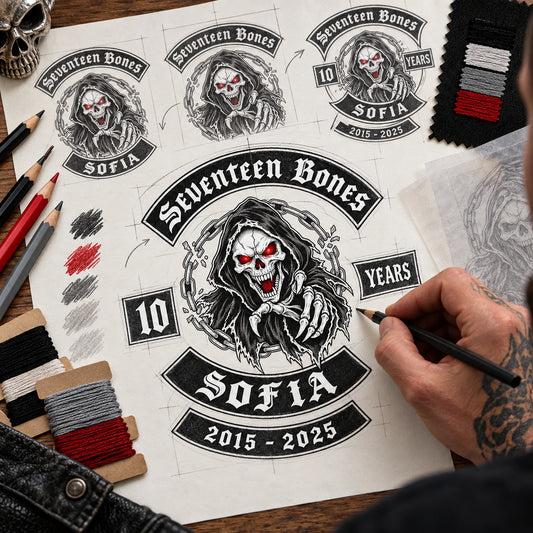 Motorcycle club order step two free design concept featuring the authorized Seventeen Bones Sofia identity in a designer sketching shape years color and wording.
