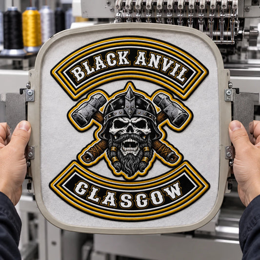 Stable large-format construction on an embroidered motorcycle club back patch.