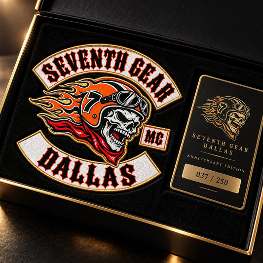 Motorcycle club numbered limited-edition anniversary patch featuring the authorized Seventh Gear Dallas identity in a black collector presentation box.