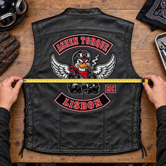 Usable back width measured across a leather motorcycle vest between the arm openings.