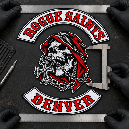 Existing motorcycle club center patch and rocker components measured individually for replacement production.