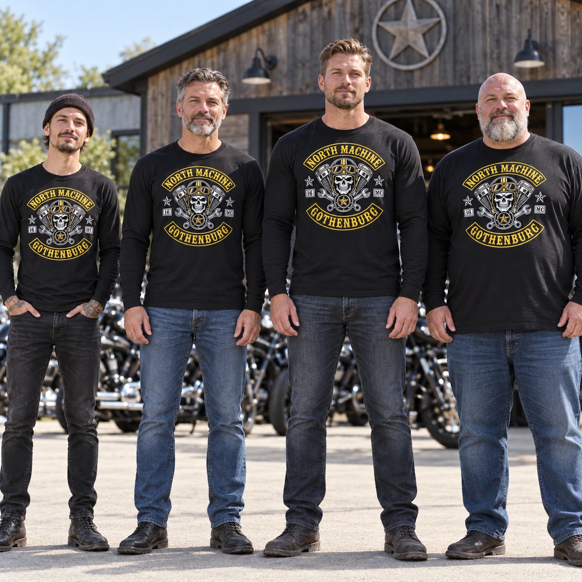 Four adult men with different body types wearing correctly fitted motorcycle club long-sleeve shirts in men’s sizes.