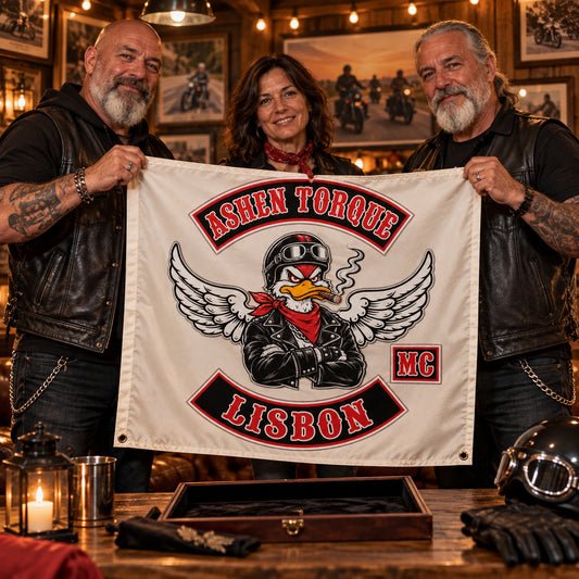 Veteran motorcycle club members presenting a limited-edition anniversary exchange flag.