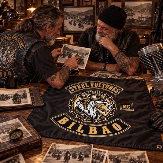 Veteran riders connecting a new motorcycle club exchange flag with their club history.
