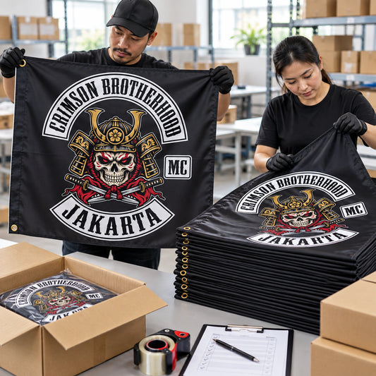 Single-sample and bulk quantities of custom motorcycle club exchange flags ready for packing.
