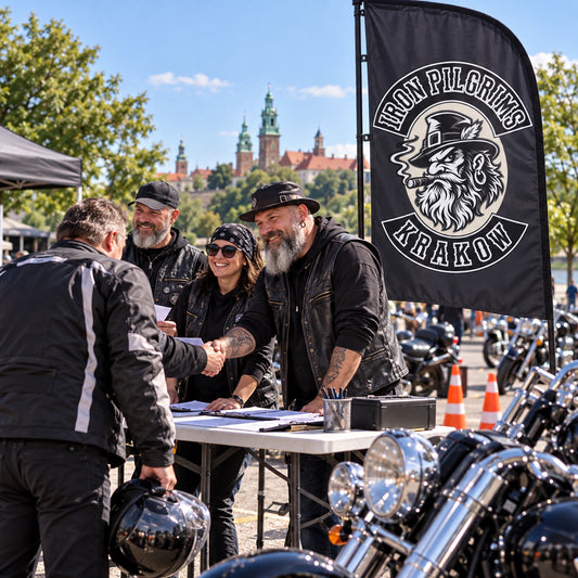 Motorcycle club exchange flag representing riders at a community charity-ride event.