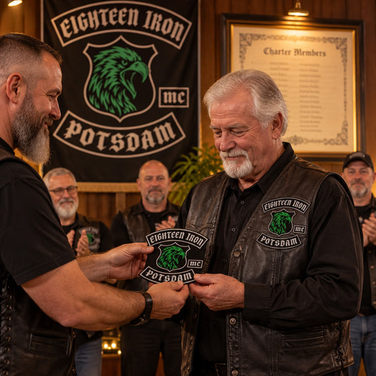 Motorcycle club premium founder and charter anniversary patch featuring the authorized Eighteen Iron Potsdam identity in a dignified founder and charter-member ceremony.
