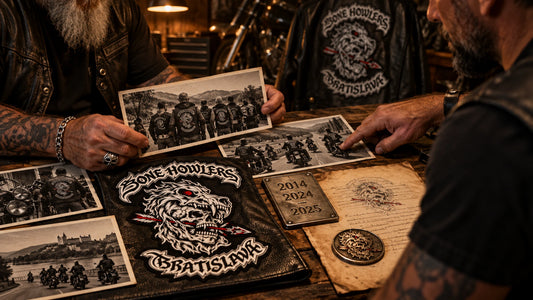 Motorcycle club embroidered patch representing club history featuring the authorized Bone Howlers Bratislava identity in a clubhouse archive table with old ride photographs and two generations of members.