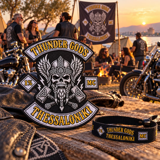 Motorcycle club limited rally-weekend anniversary patch featuring the authorized Thunder Gods Thessaloniki identity in a outdoor rally weekend with tents and motorcycles.