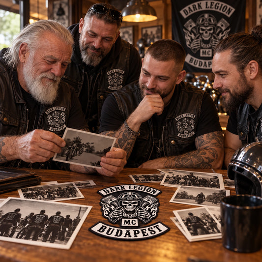 Motorcycle club club reunion commemorative patch featuring the authorized Dark Legion Budapest identity in a reunion table with veteran and current members.