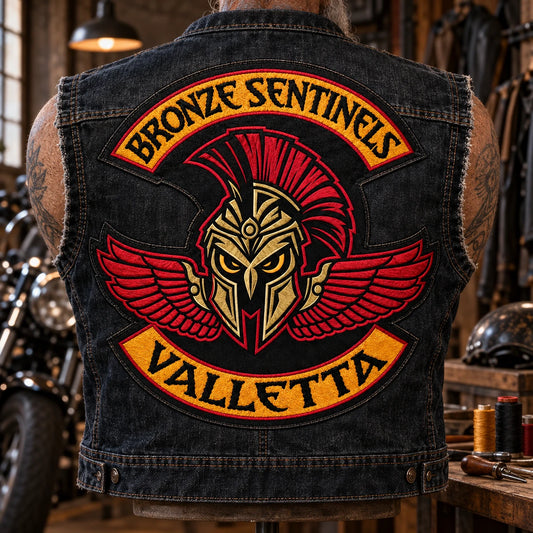 One-piece custom motorcycle club full-back patch on a denim vest.