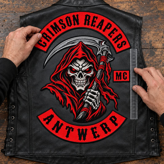 Motorcycle club center patch and curved rockers arranged together to confirm the complete vest layout.