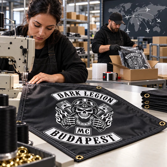A custom diamond club flag moves from careful sewing to protective packing on a professional production floor.