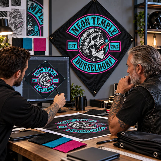 A designer and motorcycle club rider compare a digital diamond flag layout with physical fabric swatches.