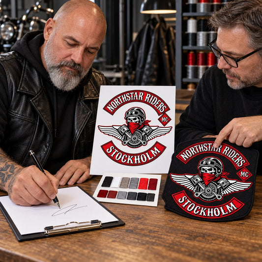 Motorcycle club representative approving the prepared back patch proof and embroidery sample before production.