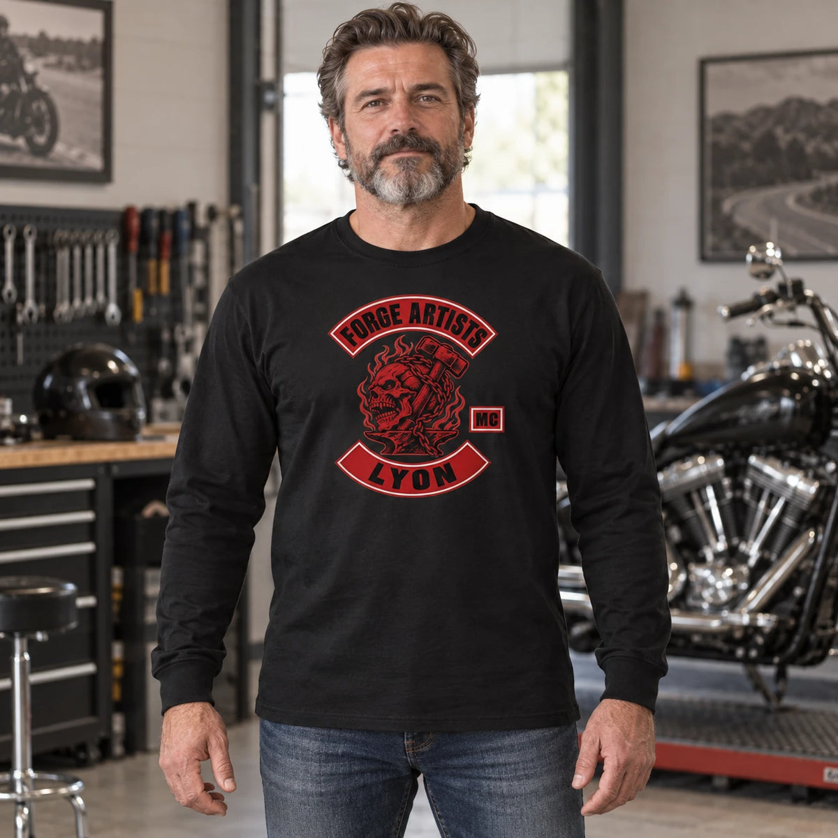 Mature rider wearing a regular-fit motorcycle club long-sleeve shirt with natural shoulders, straight body and correct sleeve length.