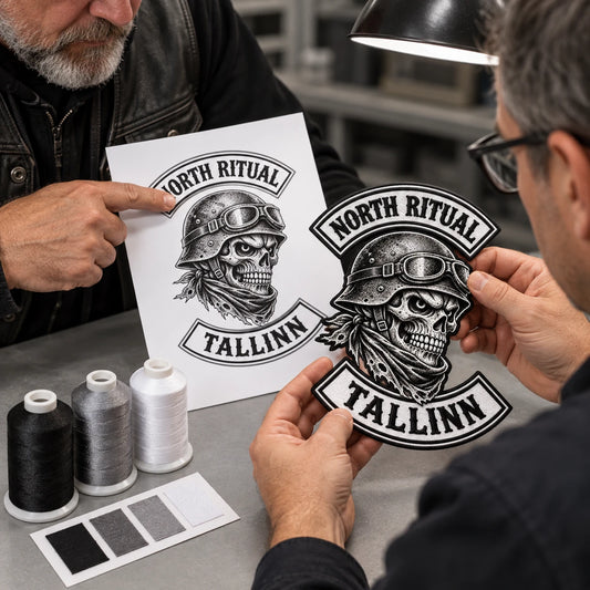Motorcycle club officer reviewing lettering, thread colors and an embroidered back patch sample.