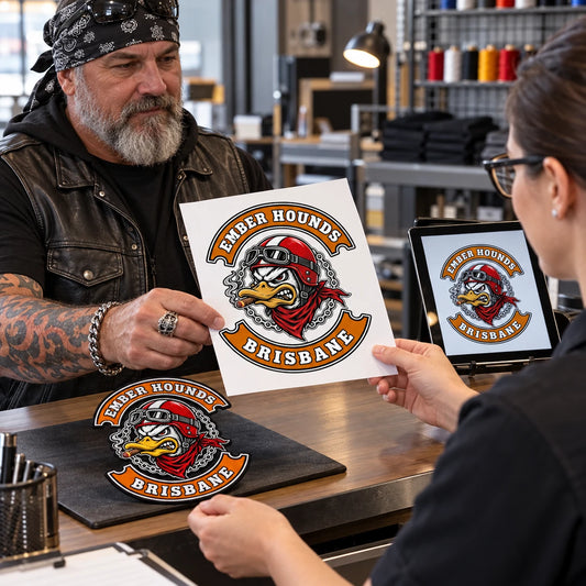 Motorcycle club representative submitting approved logo artwork and an existing patch reference.