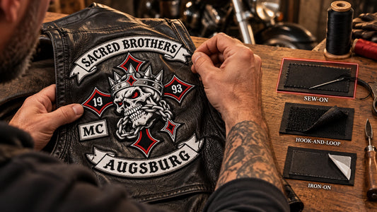 Motorcycle club sew-on anniversary patch with backing comparison featuring the authorized Sacred Brothers Augsburg identity in a workshop where a craftsperson stitches a leather vest.