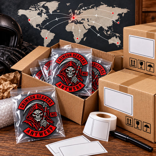 Motorcycle club worldwide anniversary patch shipping featuring the authorized Crimson Reapers Antwerp identity in a international parcel preparation with world map.