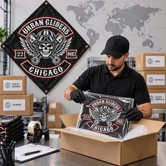 A shipping specialist packs a protected custom diamond motorcycle club flag for international delivery.