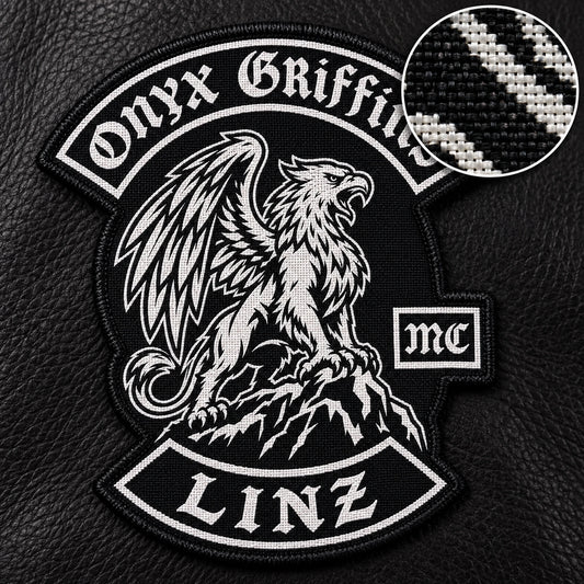 Motorcycle club fine-detail woven anniversary patch featuring the authorized Onyx Griffins Linz identity in a macro woven textile inspection with magnifier.