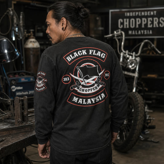 Classic black crew-neck motorcycle club long-sleeve shirt with ribbed cuffs and club artwork.