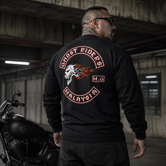 Heavyweight custom motorcycle club long-sleeve shirt with substantial cotton structure for cooler rides.