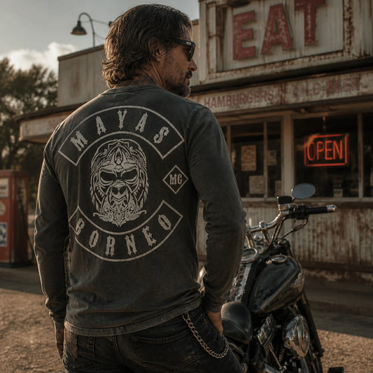 Faded black vintage-washed motorcycle club long-sleeve shirt with heritage club artwork.