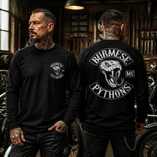 Custom long-sleeve club shirts showing a small left-chest emblem and full-back motorcycle club artwork.