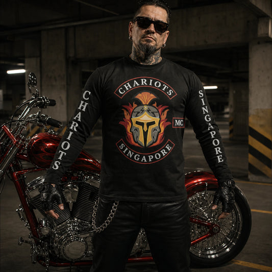Custom long-sleeve shirt showing a full motorcycle club back emblem and lettering down the sleeves.