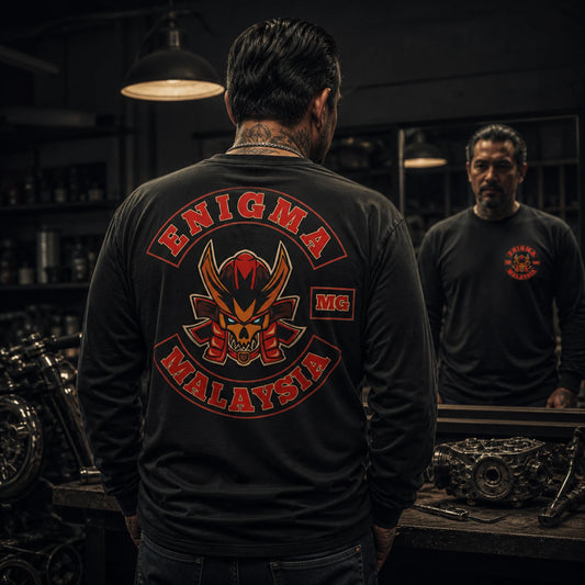 Approved motorcycle club emblem adapted as a bold custom long-sleeve shirt design.