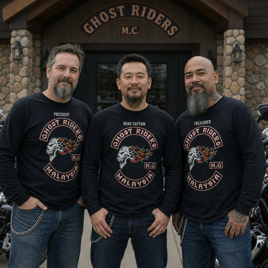 Coordinated motorcycle club long-sleeve shirts personalized for different officer positions.