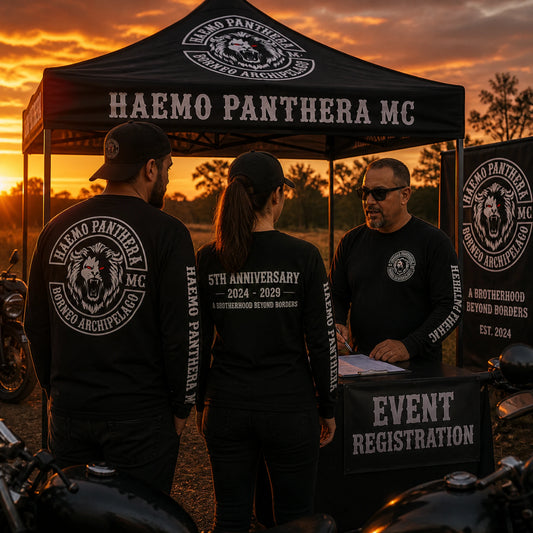 Custom motorcycle club rally long-sleeve shirt with coordinated event and anniversary details.
