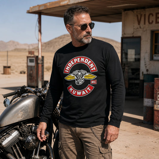 Custom motorcycle club long-sleeve shirt made with a soft easy-care cotton-blend fabric.