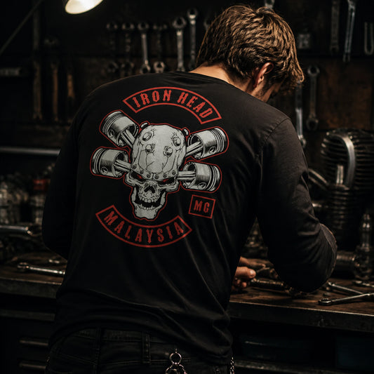 Dense heavyweight cotton motorcycle club long-sleeve shirt with sturdy ribbed cuff construction.