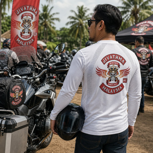 Lightweight technical motorcycle club long-sleeve fabric designed for rallies and warm-weather rides.
