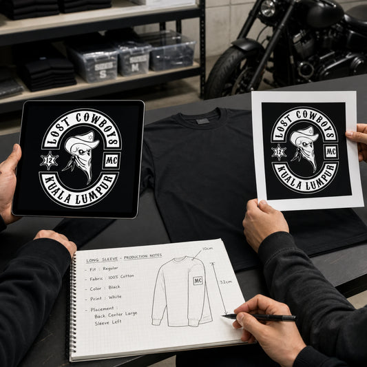 Motorcycle club patch, reference artwork and long-sleeve shirt requirements submitted for custom design.