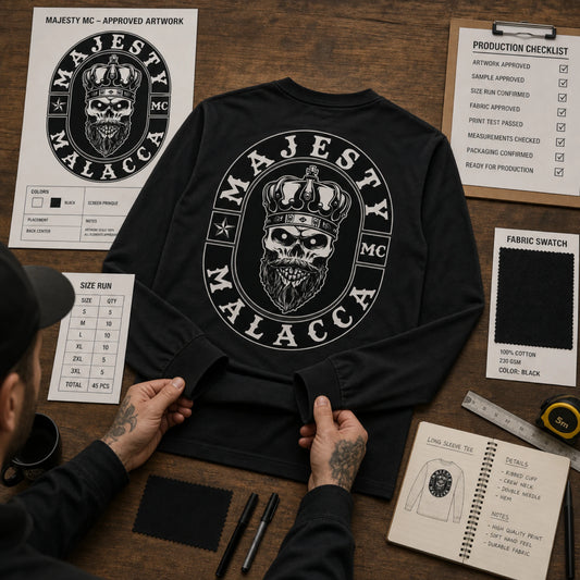 Approved motorcycle club long-sleeve sample with garment, size and production details ready for confirmation.