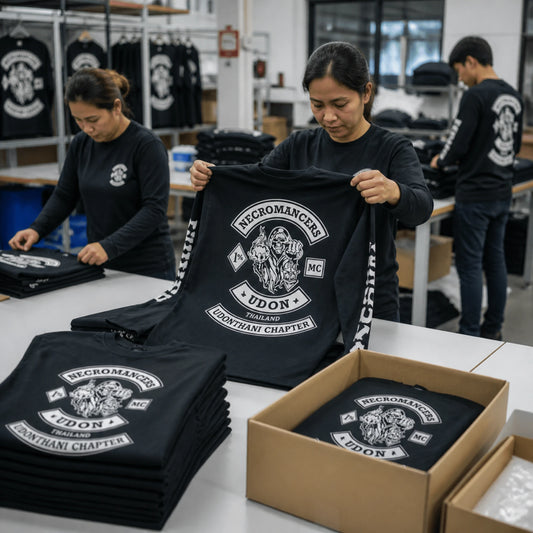 Finished custom motorcycle club long-sleeve shirts being inspected, folded and packed for worldwide shipping.